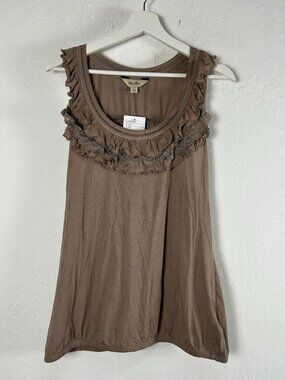 Ric Rac Anthropologie Womens Ruffle Scoop Neck Tank Top Brown Pima Cotton New
